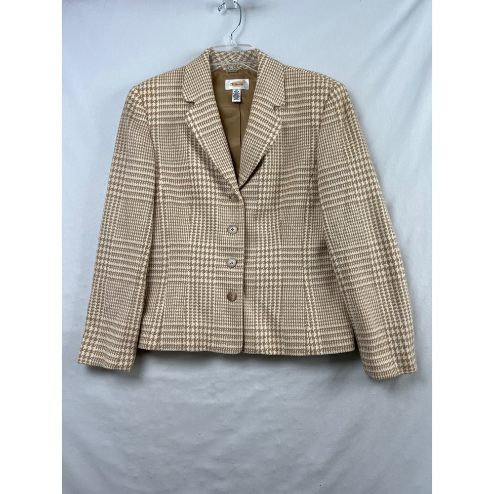 Talbots Houndstooth Blazer Women 10 Beige Wool Cashmere Angora Professional
